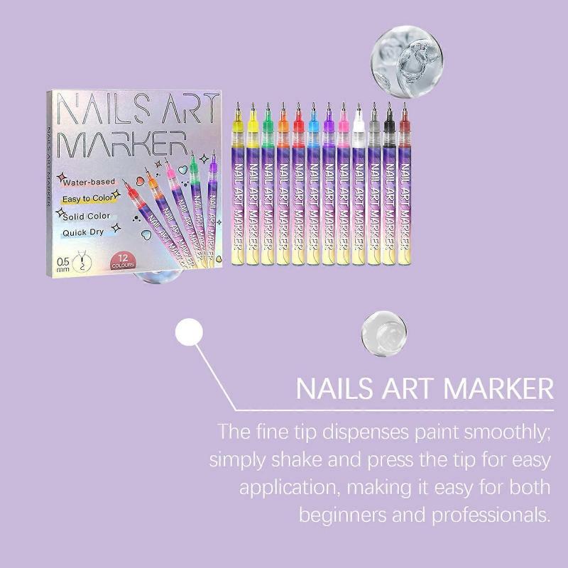 Fine Tips 3D Nail Art Pens, 12 Colors 0.5MM Nail Polish Pens Nail Point Graffiti Dotting Pen Drawing Painting Liner Brush for Home Salon