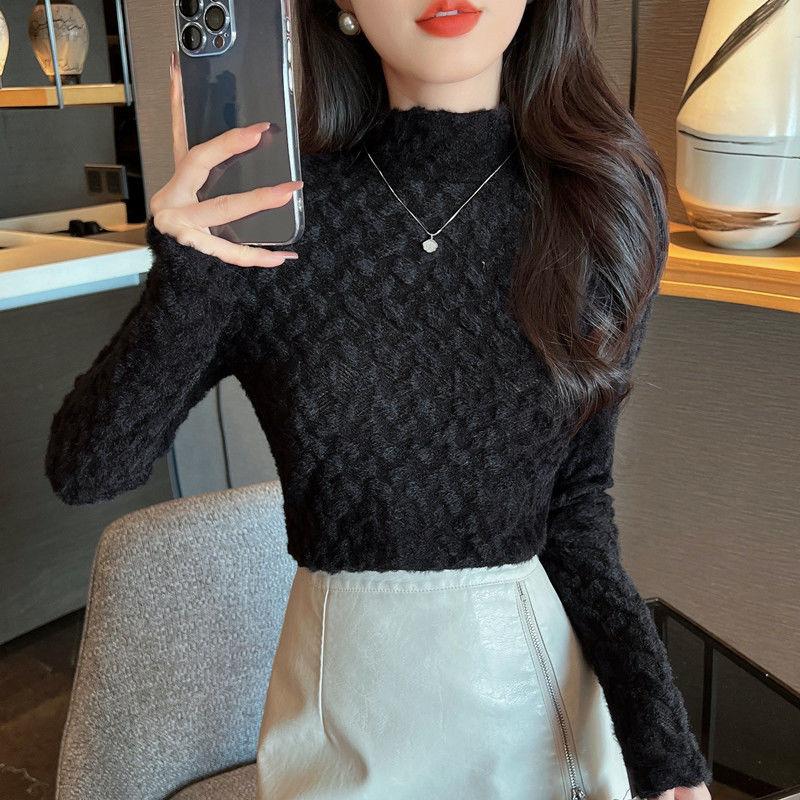Autumn Winter Velvet New Versatile Semi High Neck Women's Clothing Slim Fit Long Sleeved Western-style Lace Wool Bottoming Shirt
