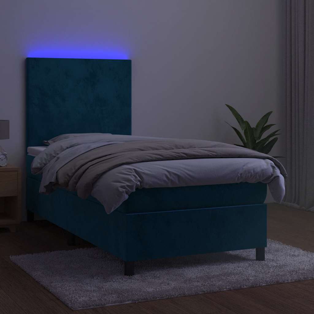 Vidaxl Łóżko Kontynentalne, Materac I Led, Niebieski Aksamit 90X200 Cm