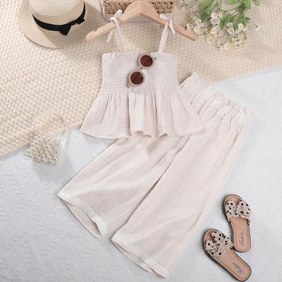 New Children's Summer Outfit for Girls, Tie Strap Camisole Top + Wide-Leg Pants, Baby Mori Style Set, Korean Version Vacation Set