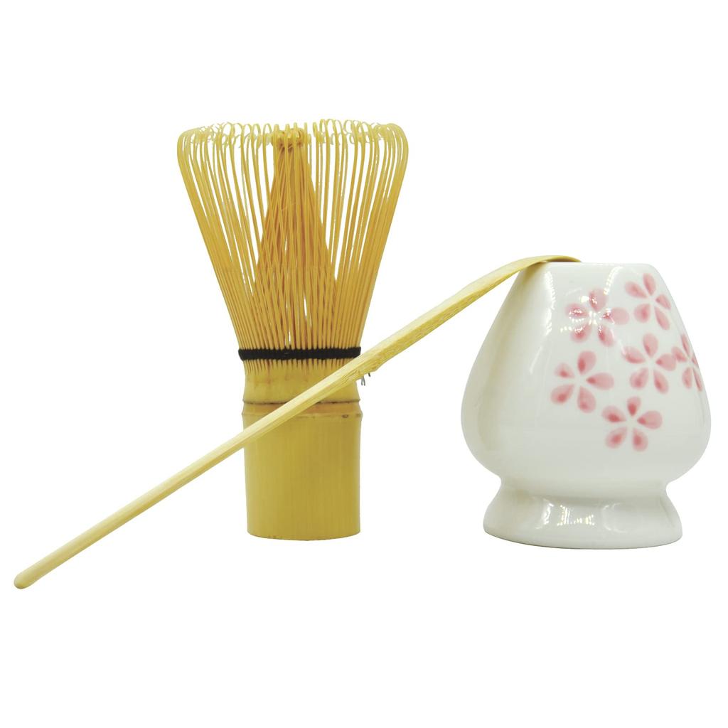3-Piece Set: Tea Whisk, Straightener, and Tea Scoop, Made of Bamboo, Natural Bamboo, 100-Standing, Flower Design
