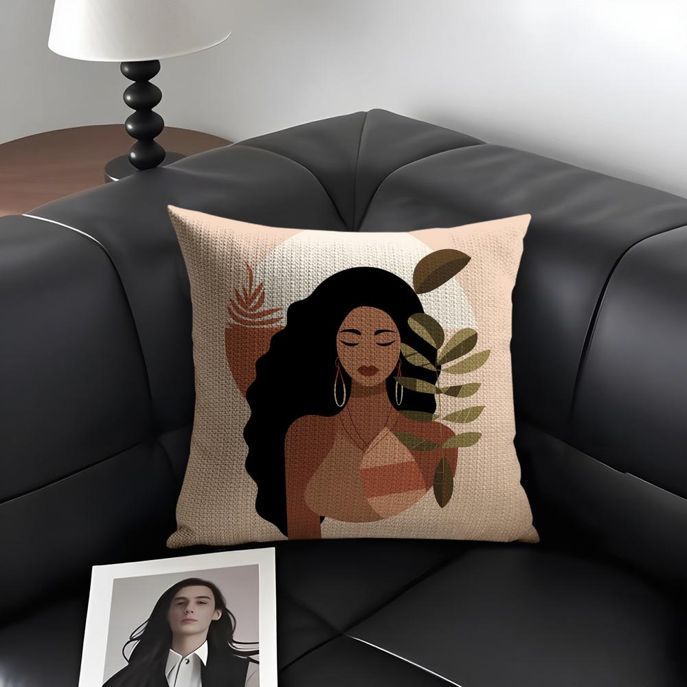 African Women Cushion Cover Natural Linen Organic Fabric Double-Sided Printing Sofa Home Decor Gift Pillow Case