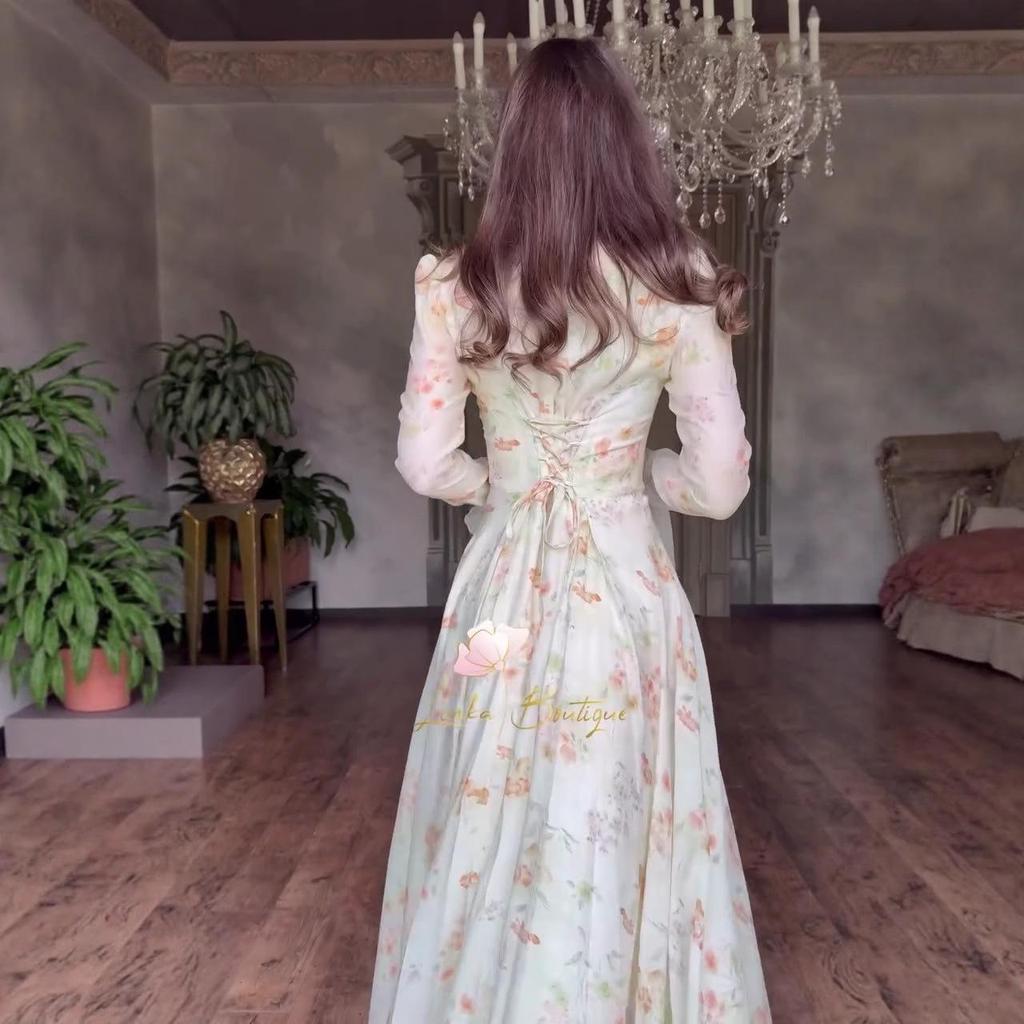 2025 Autumn French-Style Long Square Neck Printed Dress for Women