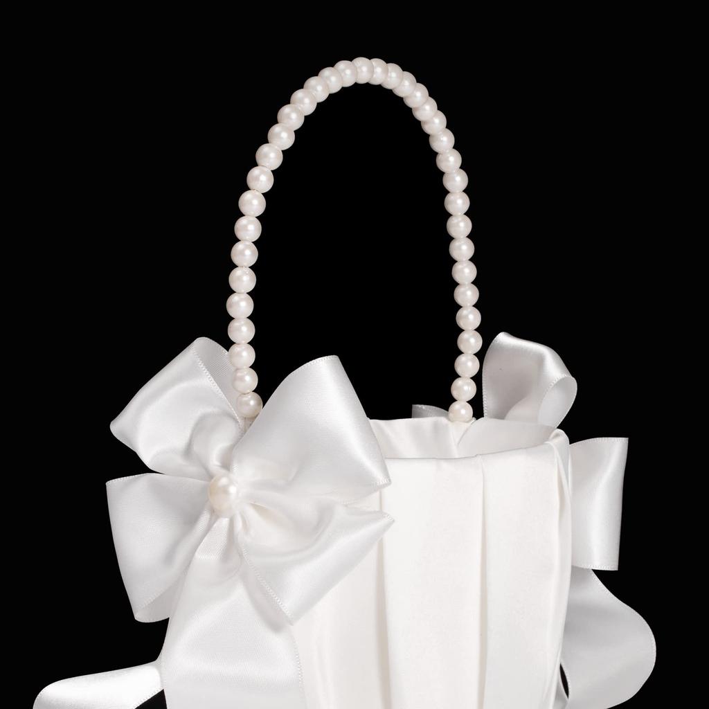 White Flower Basket Bow Faux Pearl Girls Wedding Flower Basket for Bride Kids Hand Held Wedding Ceremony Party Decorations