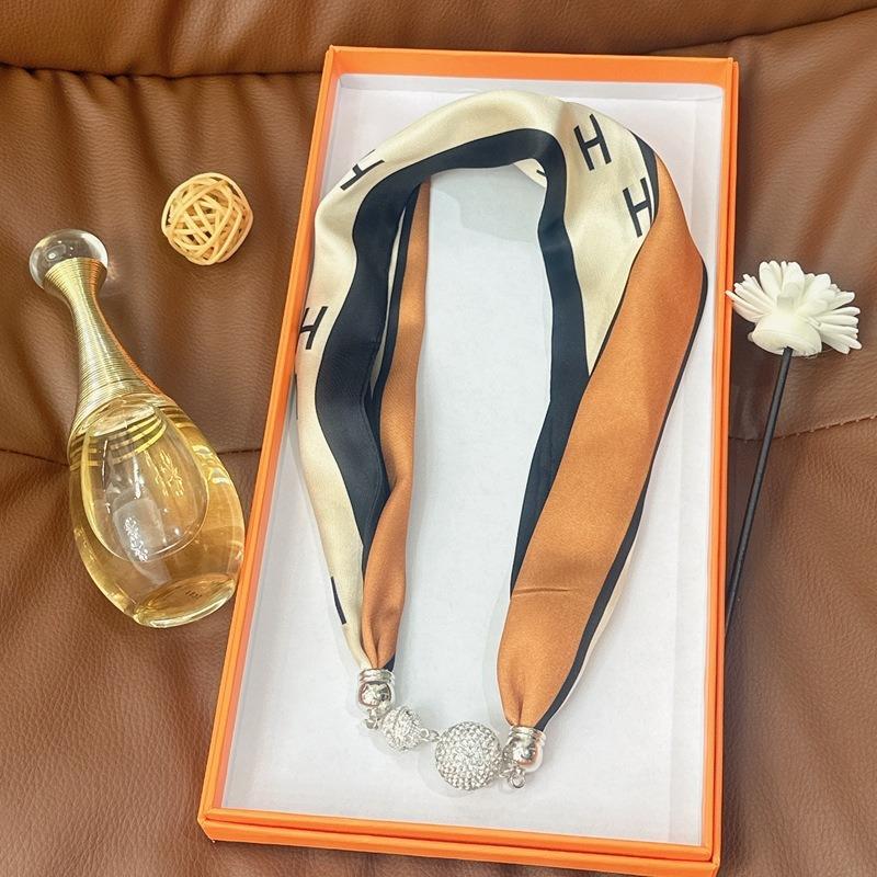 Silk scarf women's spring, autumn and summer new fashion neck protection decoration long necklace type magnetic buckle scarf small scarf