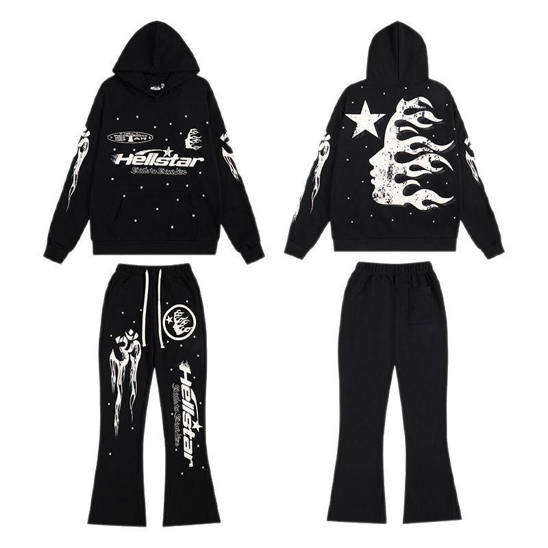 25SS American High Street Trend HELL Printed Fleece Hoodie Sweatpants Set Unisex Women Casual Sportswear