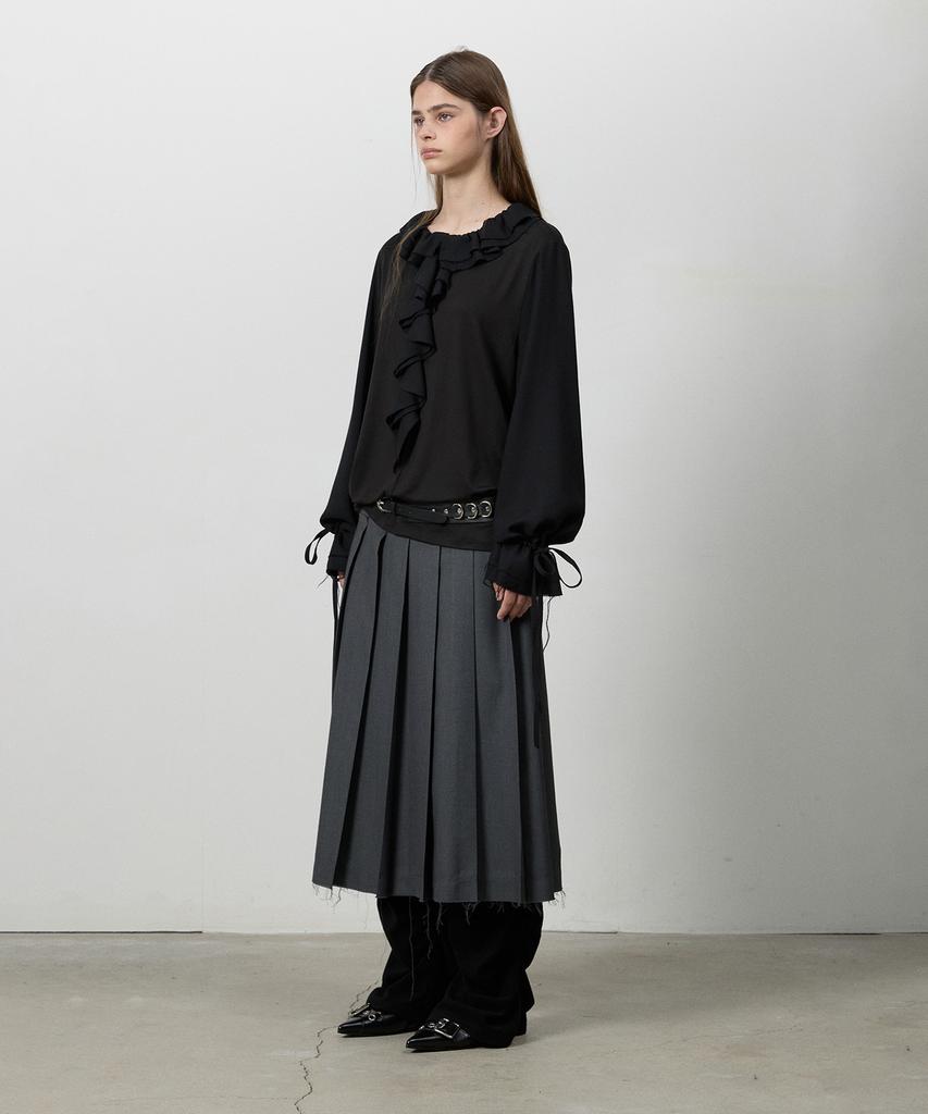 Three To Eighty Cut Hem Belt Pleats Skirt Charcoal