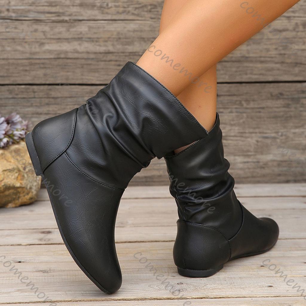 Móda Comemore Módní Nadměrné Velikosti Skládané Kotníkové Boty pro Ženy 2025 Podzim Zima Nazouvací Zvrásněné Kotníkové Boty Plochá Měkká Podrážka Pohodlná Obuv