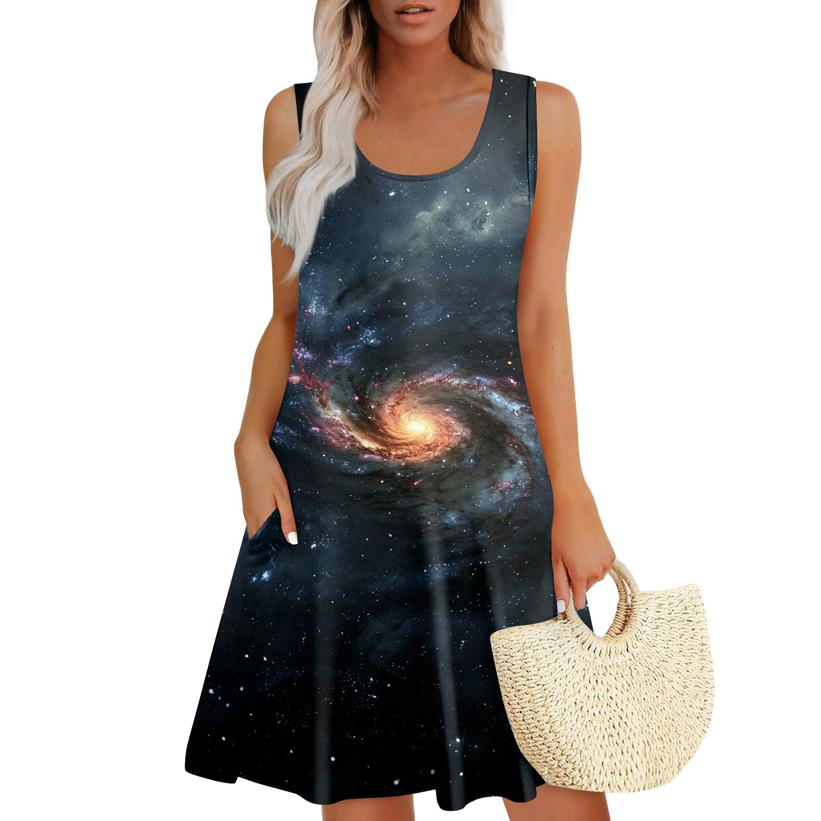 

Женские летние платья Пасхальный принт Свободные сарафаны без рукавов с U-образным вырезом Платье с карманами XXL тёмно-синий