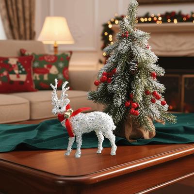 Ornements de renne de Noël dessin animé avec écharpe avec cloche Statue de cerf Décorations Sculpture de renne scintillante Maison