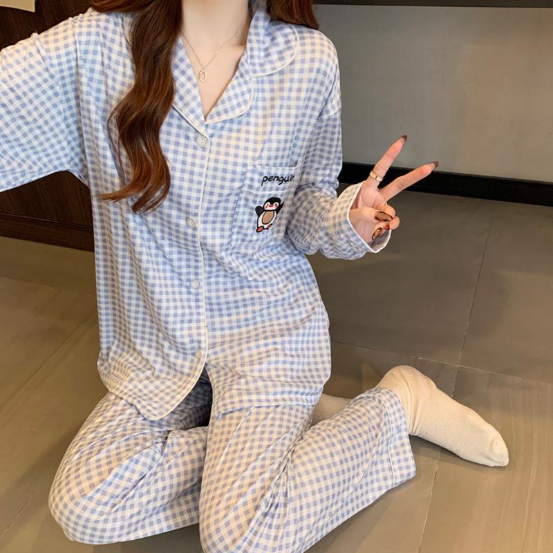 Japanese style pajamas women's spring new long-sleeved trousers cute plaid little penguin cartoon loungewear set