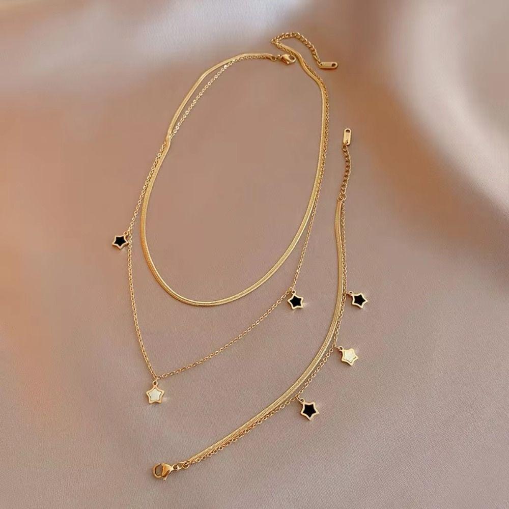 Gold Color Star Charm Bracelet Titanium Steel Double Clavicle Chain Multilayer Necklace for Women