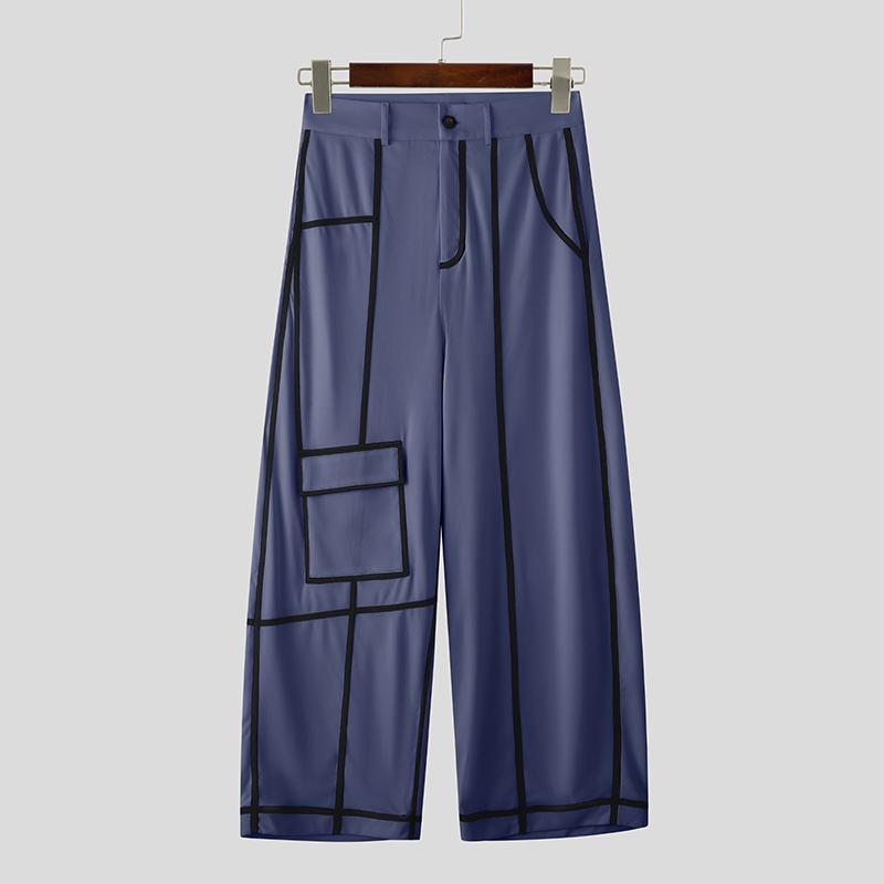 INCERUN Men Zipper Waist Stitching Casual Long Trousers Wide Legs Pants