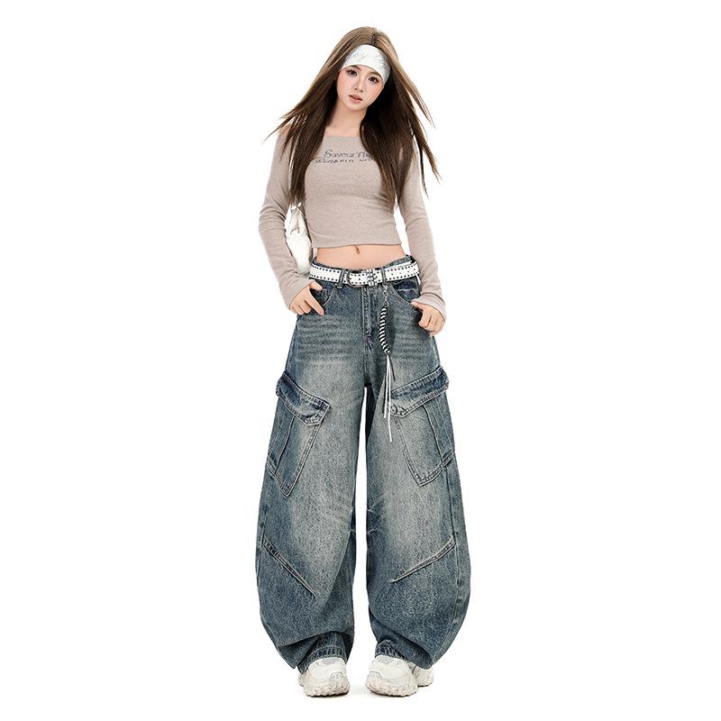 Women s Retro Patchwork High-Waisted Wide-Leg Cargo Pants - Spring Slimming Style M