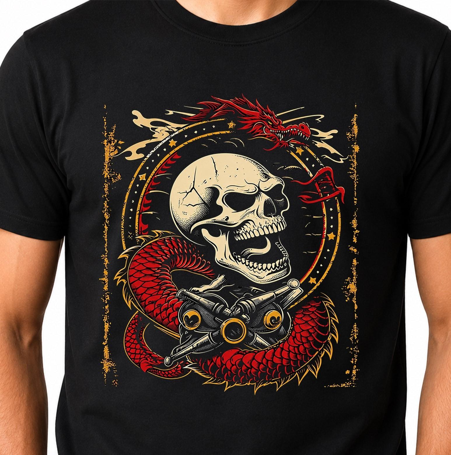 Skull Dragon T-Shirt Japanese Biker Motorcycle Piston Gothic Dark Art Tee. M