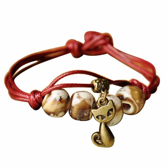 Ethnic Leaf Cat Charm Ceramics Beaded Bracelet Women Handwoven Jewelry Gift