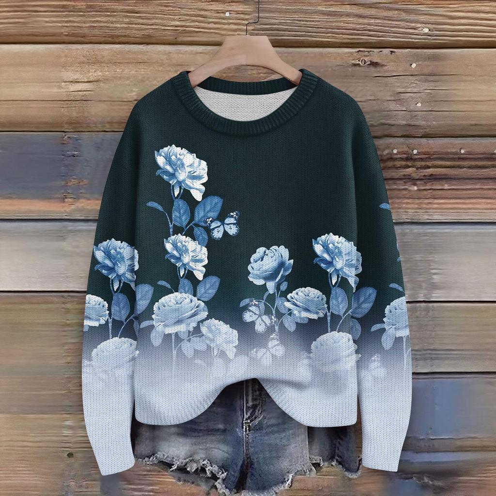 Long Sleeve Pullover Sweaters For Women O Neck Casual Cute Printing Knit Oversized Sweater