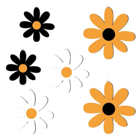 6Pcs/Set Rustic Wooden Flower Wall Decoration Handcrafted Black Yellow White Floral Wall Art Home Office Living Room Bedroom Wall Hanging Ornament