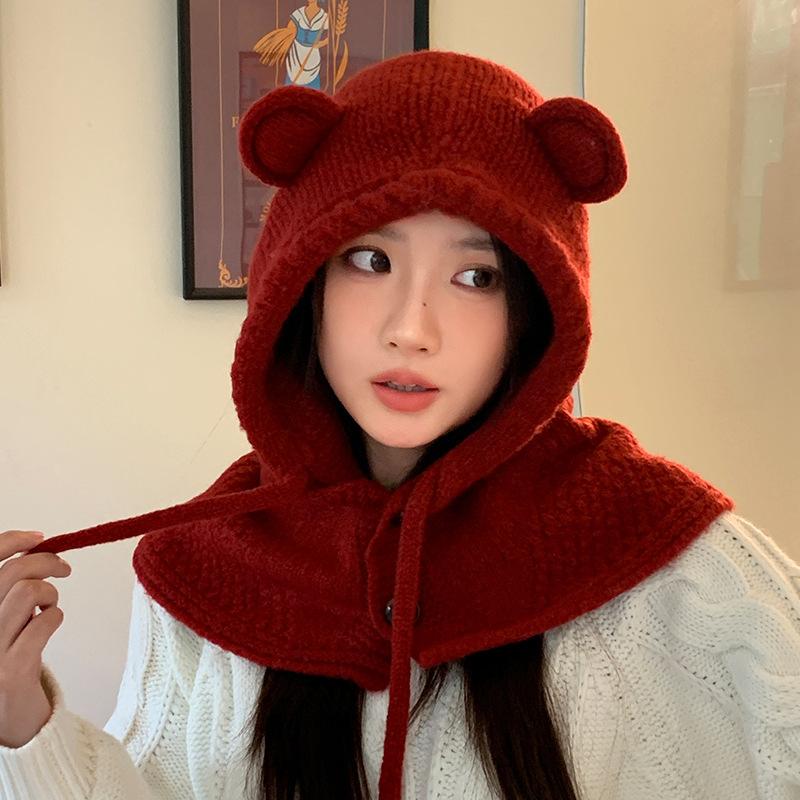 Balaclava hat autumn and winter hat women's thermal wool hat bear ears scarf integrated knitted hat