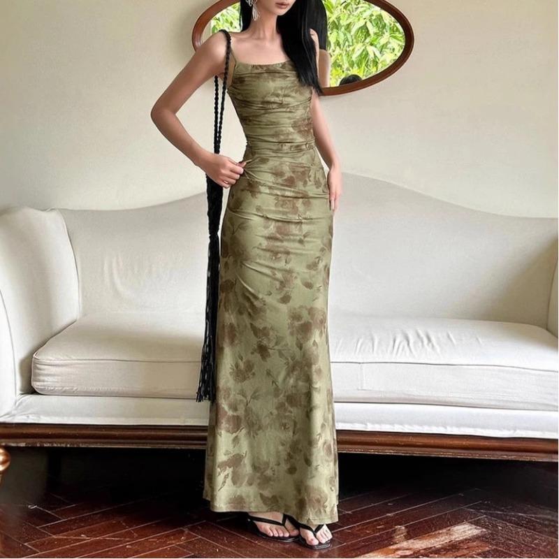 Women Green Floral Print Ruched Bodycon Spaghetti Strap Maxi Dress S
