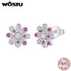 WOSTU 925 Sterling Silver Flower Earrings with Pink Opal Colorful Daisy Flower Ear Studs For Women Wedding Party Jewelry Gift