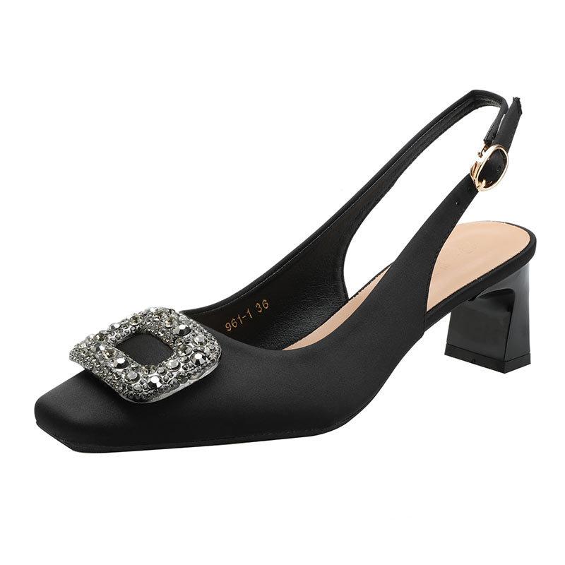 Baotou Sandalen Damen 2025 neu Sommer dicker Absatz leer einzelne Schuhe mittlerer Absatz Strassschnalle Französische eckige Spitze High Heels