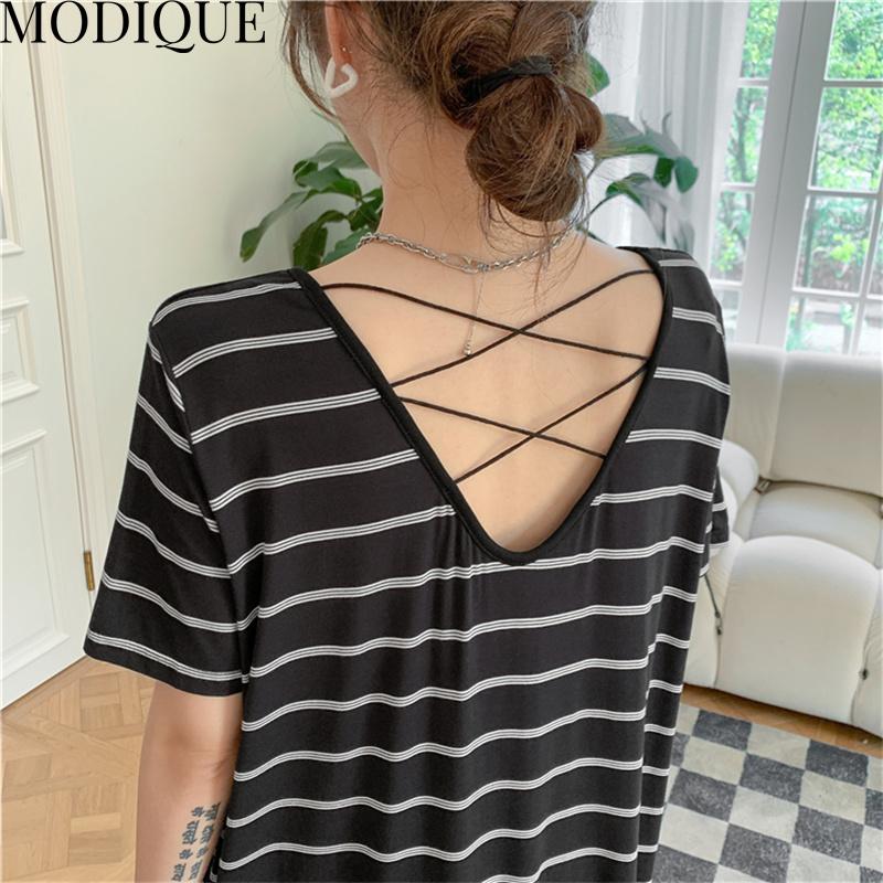 MODIQUE Summer Plus Size New Dress Shirt Women Loose Striped Solid Cotton Linen Backless Dress Casual Female Dresses O-Neck Short Sleeve