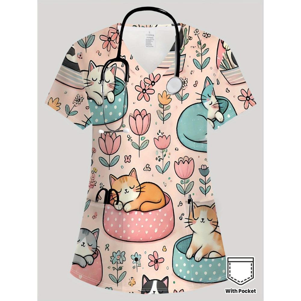 Surgical Uniforms Woman Elegant Fashion Womens Print V-Neck Short Sleeve Nursing Summer Comfortable Vet Clinical Uniforms Woman