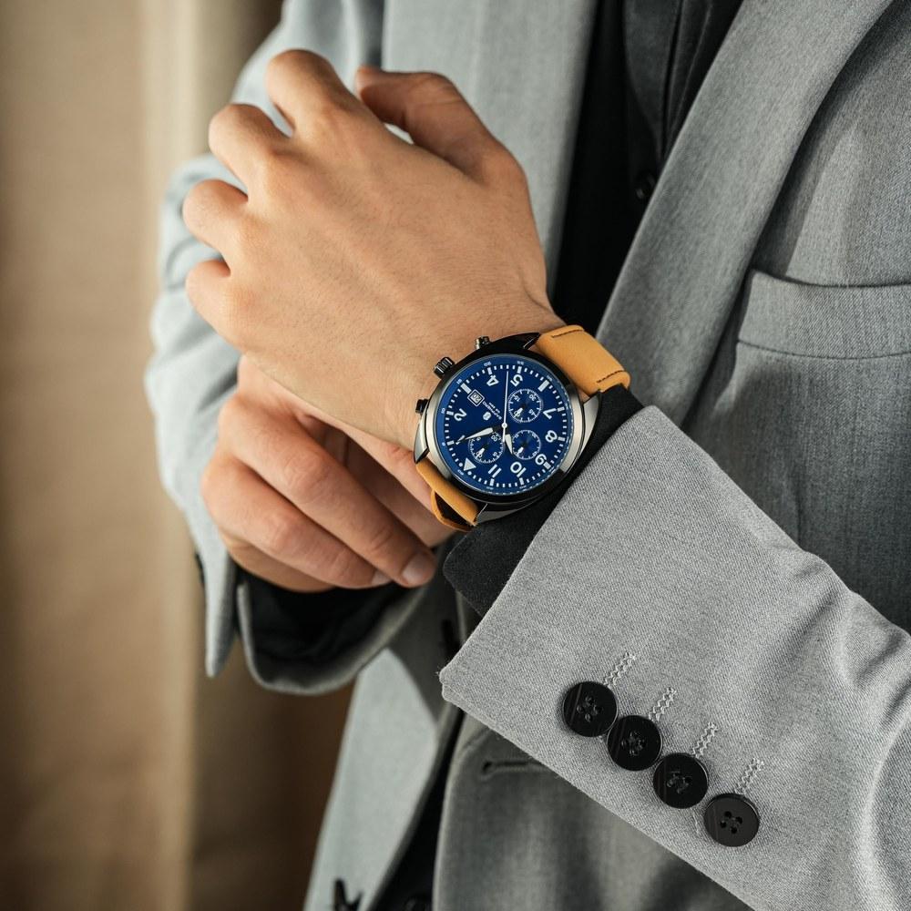 SAPPHERO Men's Wristwatch Japan Movement Analog Quartz 50M Waterproof Luminous Date Business Outdoor Leather Band Blue Dial Brown Strap