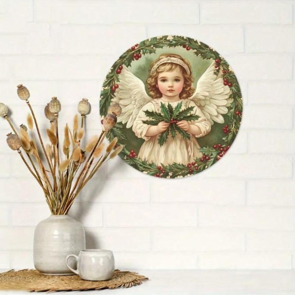 Vintage Christmas Angel Metal Tin Sign Rustic Round Wall Art Holiday Decor