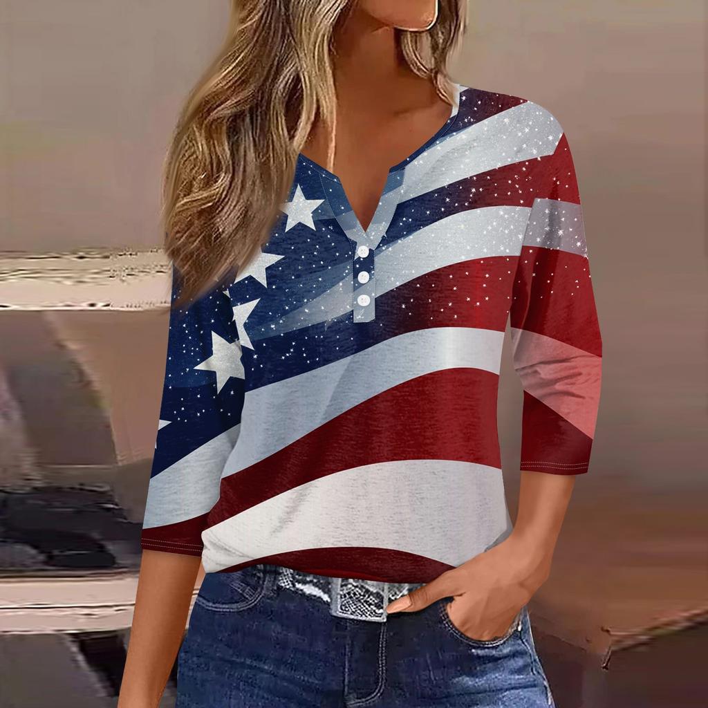 Damen T-Shirt mit Aufdruck, Knopfleiste, 3/4-Ärmel, modisch für den Alltag und das Wochenende, Basic, V-Ausschnitt, normales Oberteil