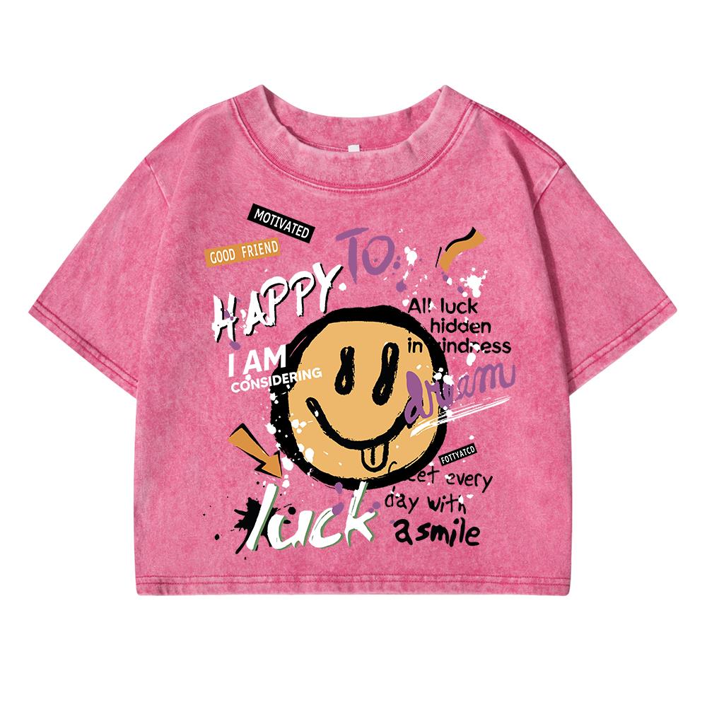 Happy To Luck Cartoon Printing Women Washed Shrot Clothes Casual Fashion Tshirts Street Breathable Tee Tops Summer T Shirts
