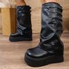 Fashion Punk Style Chunk Heel Boots for Women 2025 Fashion Black Rivet Detor Mid Calf Boots Woman Pu Leather Platform Botas Mujer