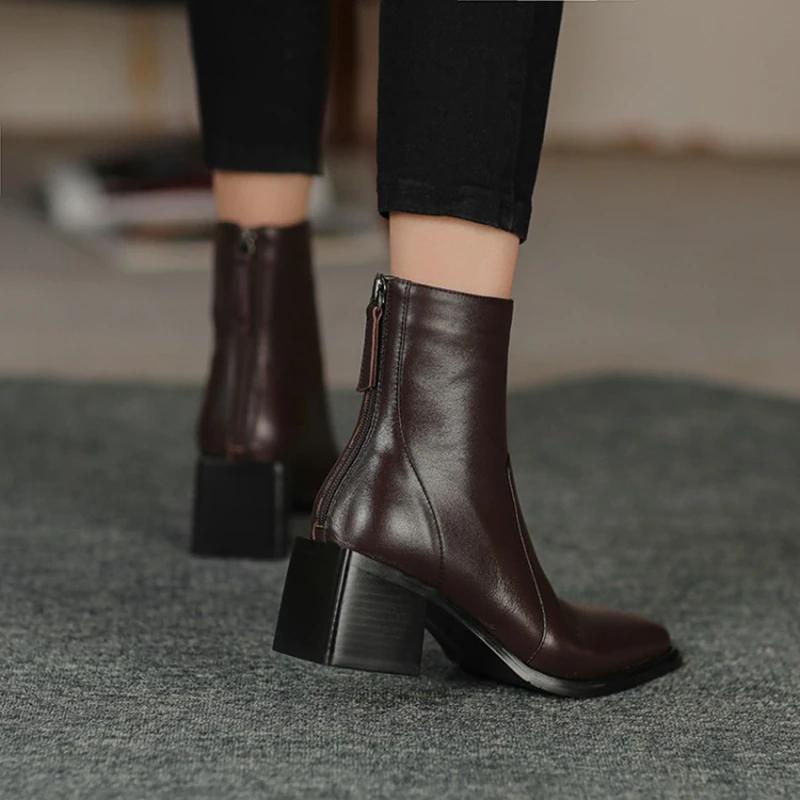 Móda NOVÉ Podzim/Zima Dámské Boty Boty z Pravé Kůže pro Ženy Čtvercová Špička Robustní Podpatek Boty Zip Kotníkové Boty Stručné Moderní Boty