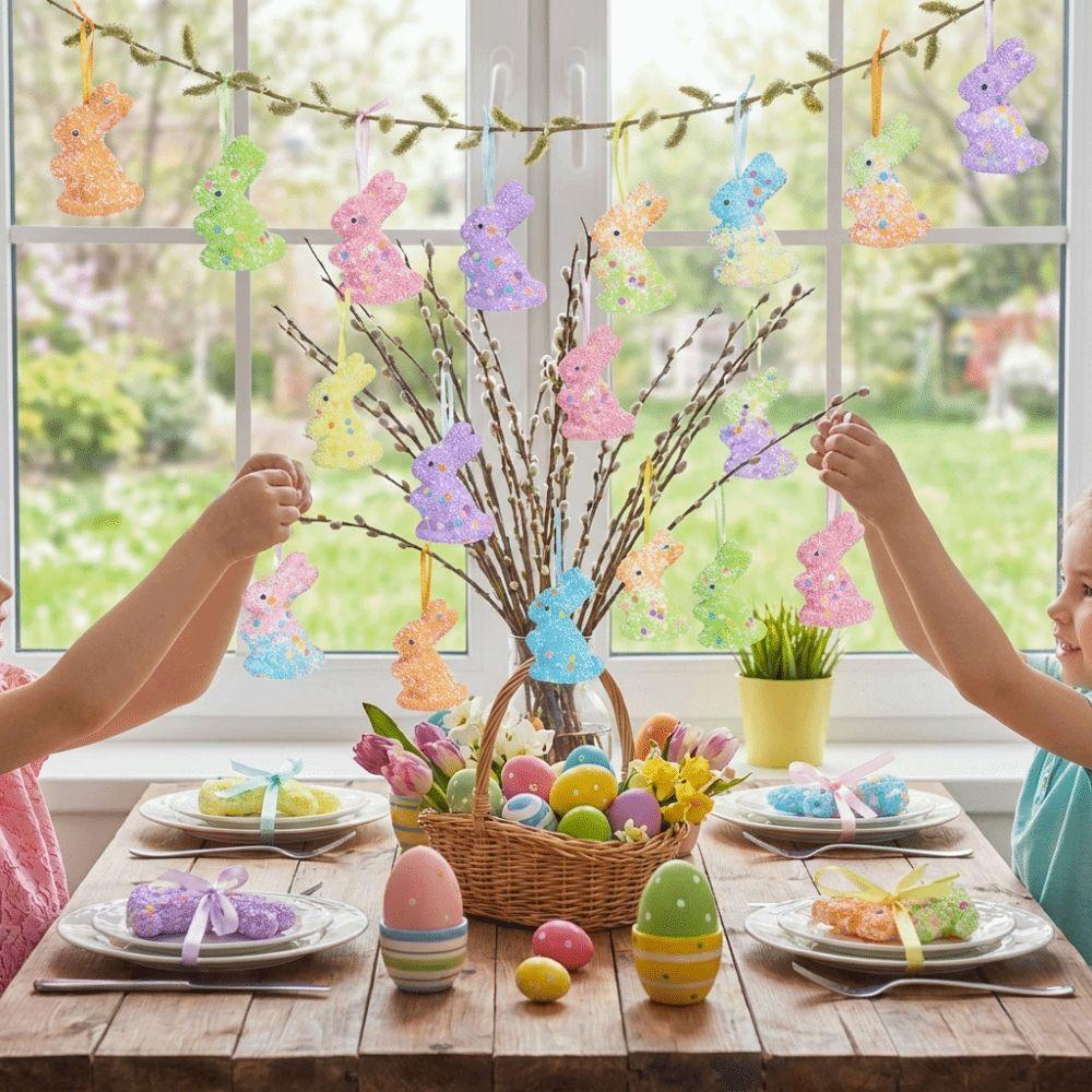 6Pcs Colorful Sequin Bunny Ornament Animal Mold Easter Tree Pendants Rabbit Figurine  Spring Party