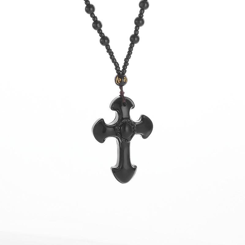 Black Obsidian Cross Pendant Necklace - European & American Retro Fashion Jewelry