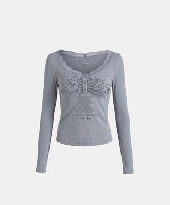BADBLOOD Do You Want It Lace Henley Neck Long Sleeve - Blue