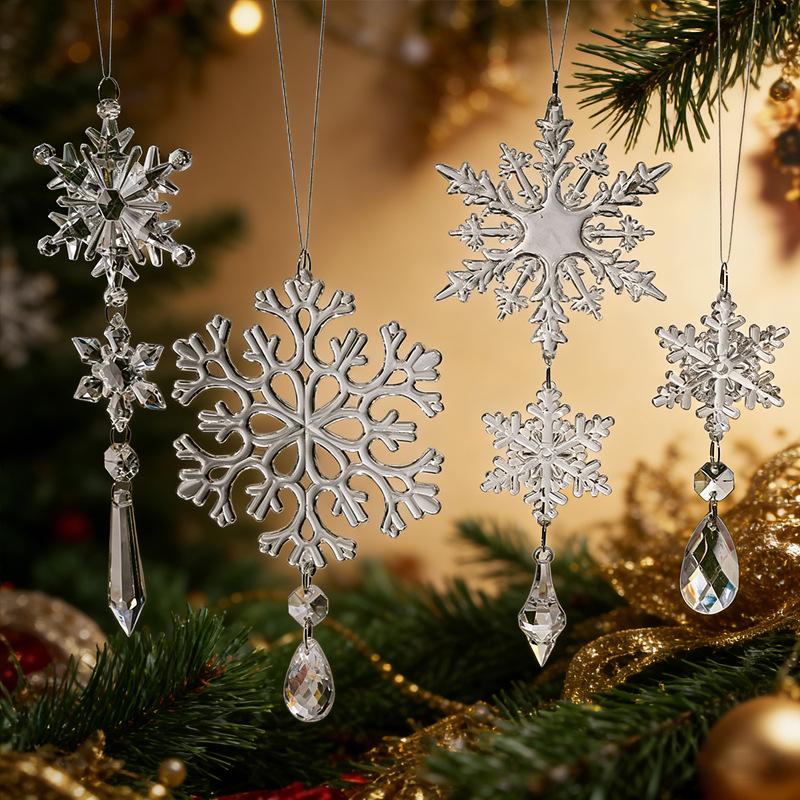 Transparent Acrylic Snowflake Ornament Set with Crystal Bead Strings for Christmas Tree Decoration