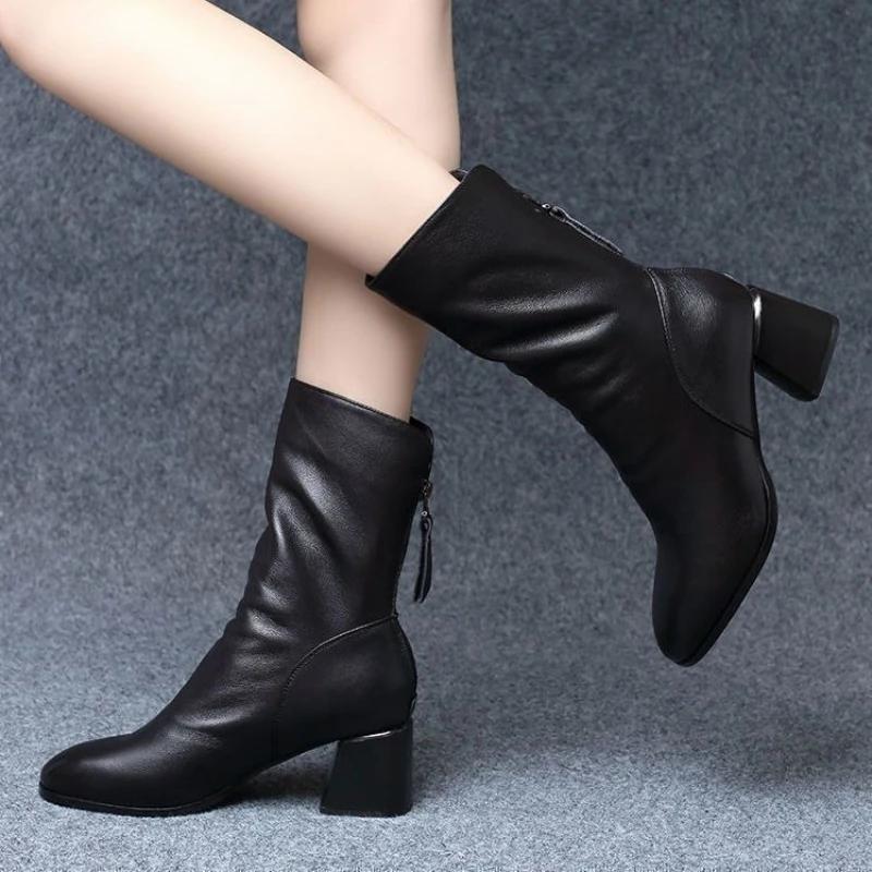 Fashion Pointed Toe Women's Half High Boots Black Zipper Ladies Mid Calf Shoes on Offer Pu Chic and Elegant New in Hot 2025 Y2k Footwear