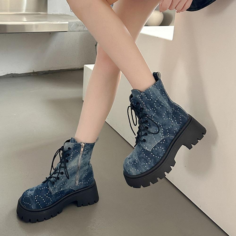 Módní platformové džínové kotníkové boty dámské křišťálové robustní podpatky krátké boty dámské silná podrážka protiskluzové motorkářské kotníkové boty dámské