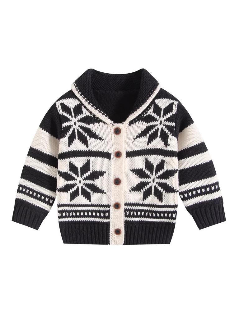 Unisex Baby Jacquard Color Block Lapel Cardigan: Thickened Knitted Outerwear for Infants and Toddlers