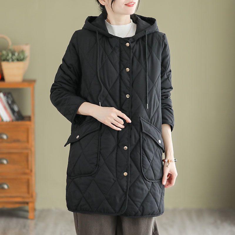 New Women's Diamond Check Down Cotton Coat Loose Casual Hooded Parker Outerwear Long Autumn Winter Female Warm Padded Jacket