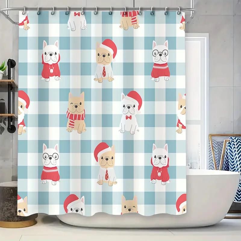 Blue Checkered Bath Curtains with Christmas Dog Print Set for Kitchen or Bathroom Decoration (86x174cm)