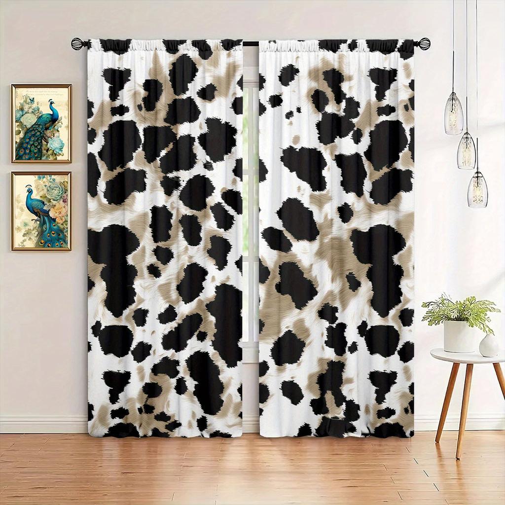 2pcs Cow Texture Printed Curtain for Home Decor - Rod Pocket Window Treatment for Bedroom,Office, Kitchen,Living Room, and Study