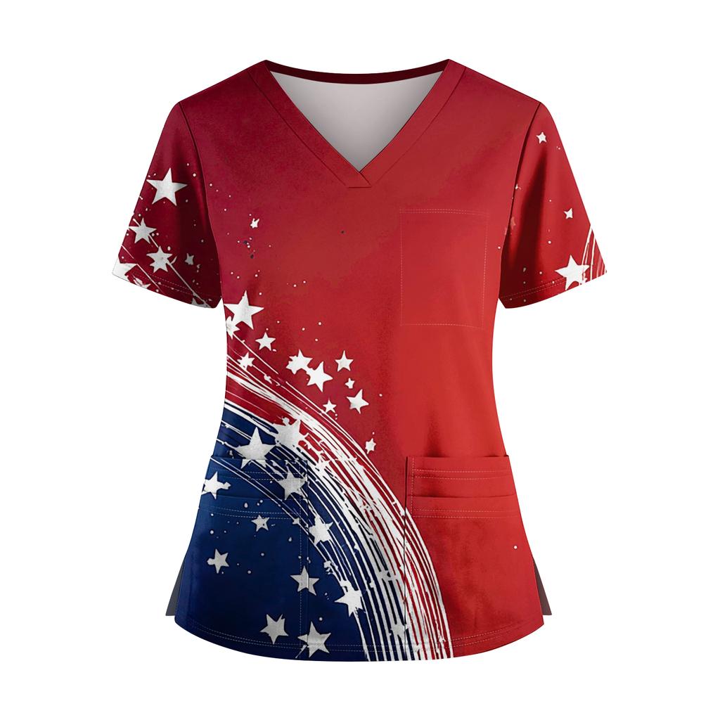 Women's Independence Day Print V-Neck Double Pocket Short Sleeve Uniform with Slit Hem - Caregiver Top