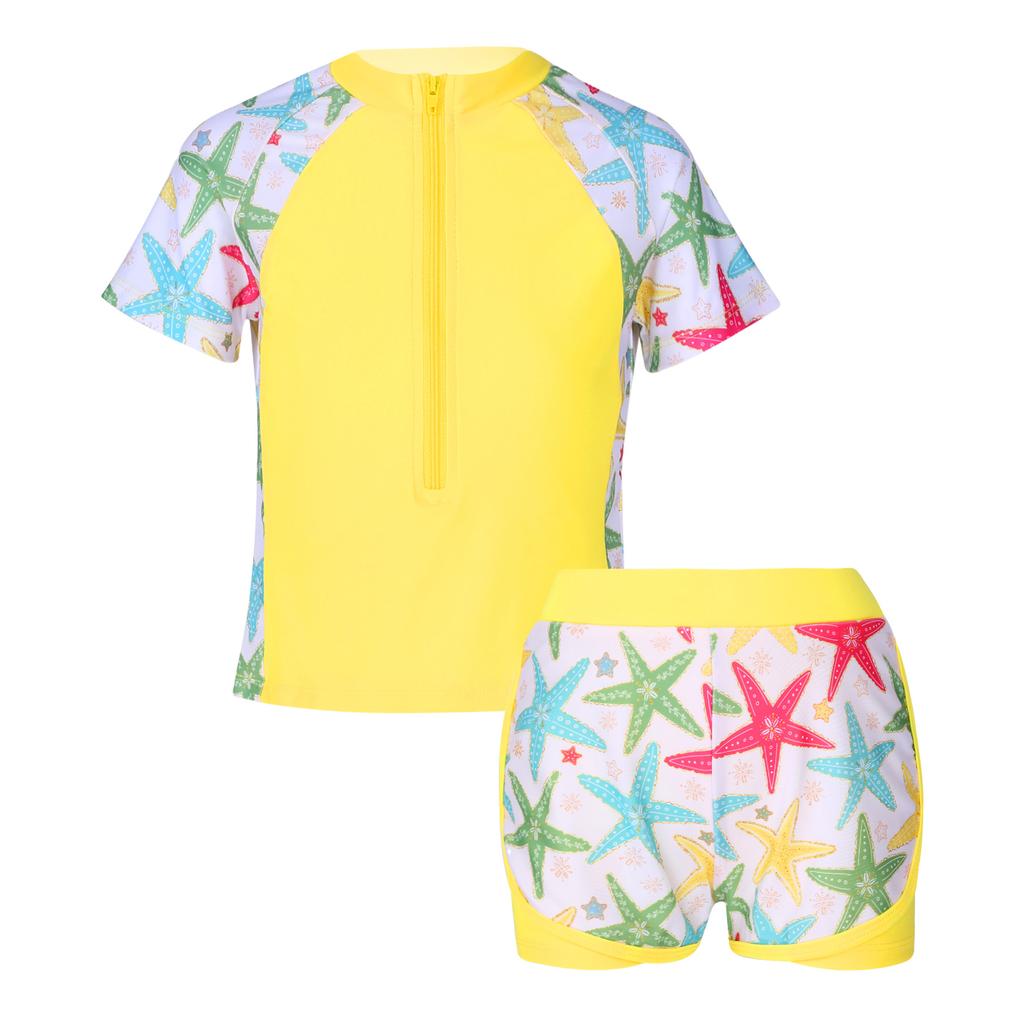 Front Zipper Closure Short Sleeves Stand Collar Tops + Elastic Waistband Shorts Floral Print Quickly Dry Swimwear 2Pcs Sets
