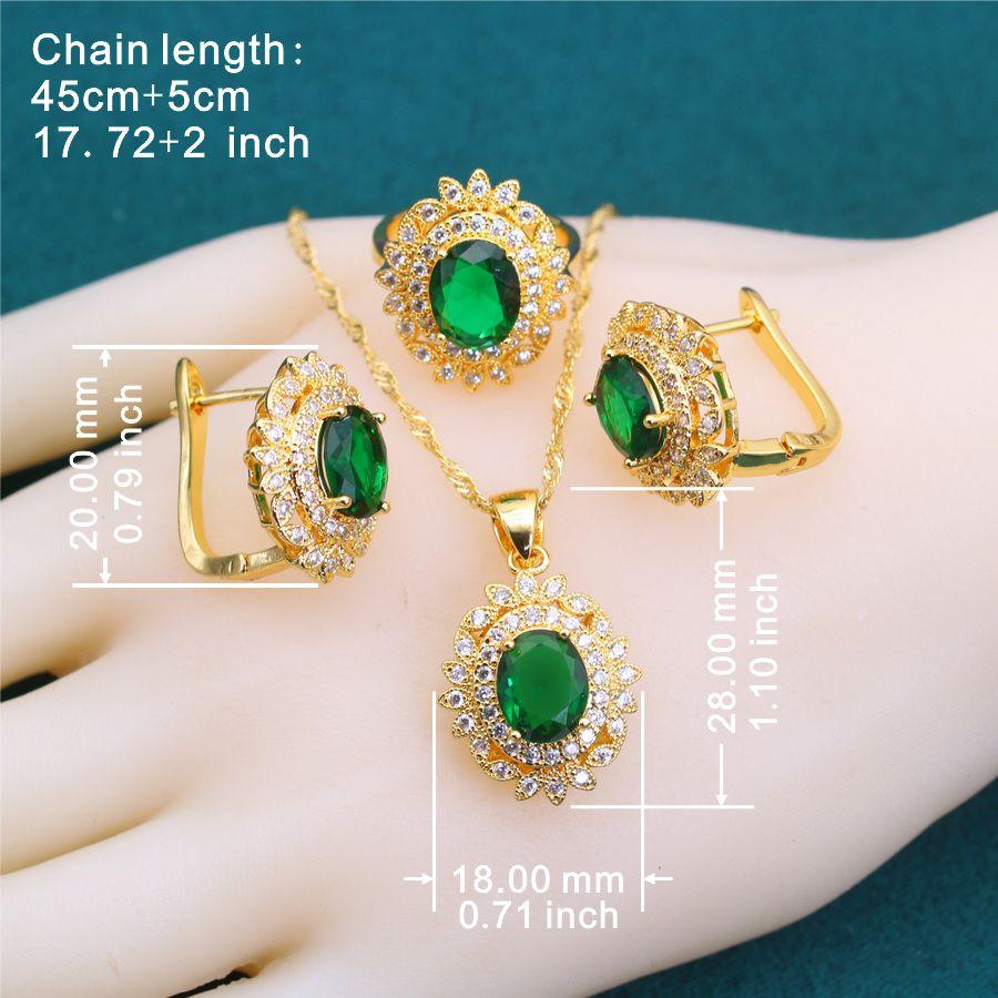 New Green Zirconia  Gold Plated  Jewelry Sets For Women Crystal Earrings Necklace Adjustable Ring Bracelet Wedding Gift
