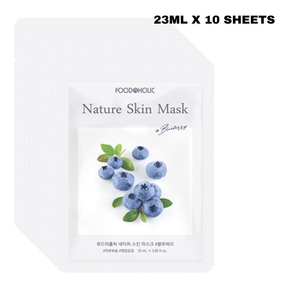 FoodaHolic Nature Skin Mask Blueberry 23ml X 10 Sheets - Anti-Oxidant & Revitalizing Facial Sheet Mask Pack for Firm Skin (10 Sheets)