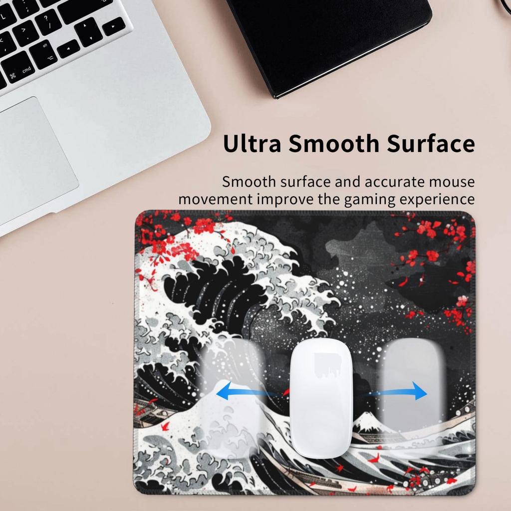 Mouse Pad Small Black Tsunami Ukiyoe Fuji Office Mouse Pad 240x200x3mm Rubber Sole Compatible with Optical Mouse Durable Stylish Cute Waterproof
