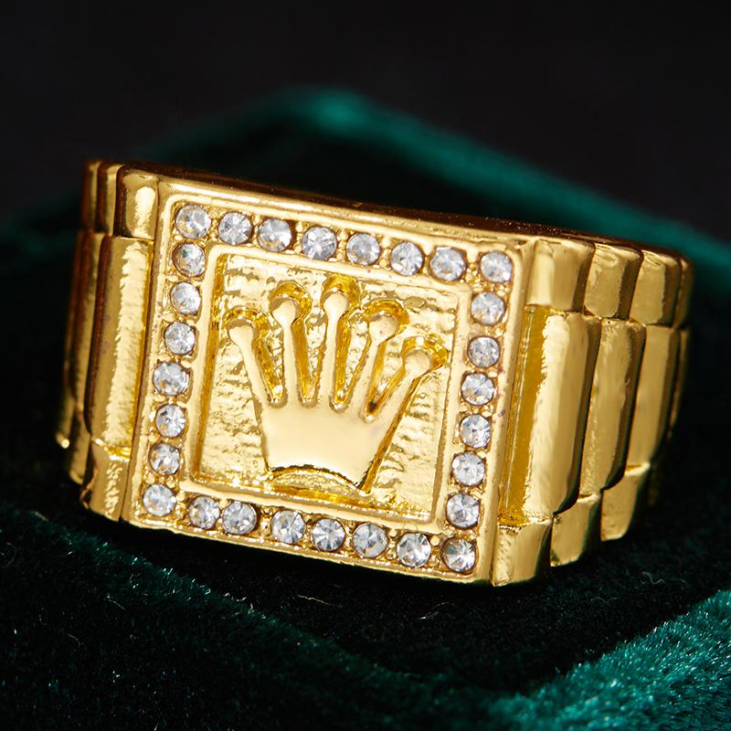 Europe and The United States Retro Inlaid Shiny Zircon Drip Oil Crown Pattern Gold Colour Ring Men's Luxury Glamour Accessories